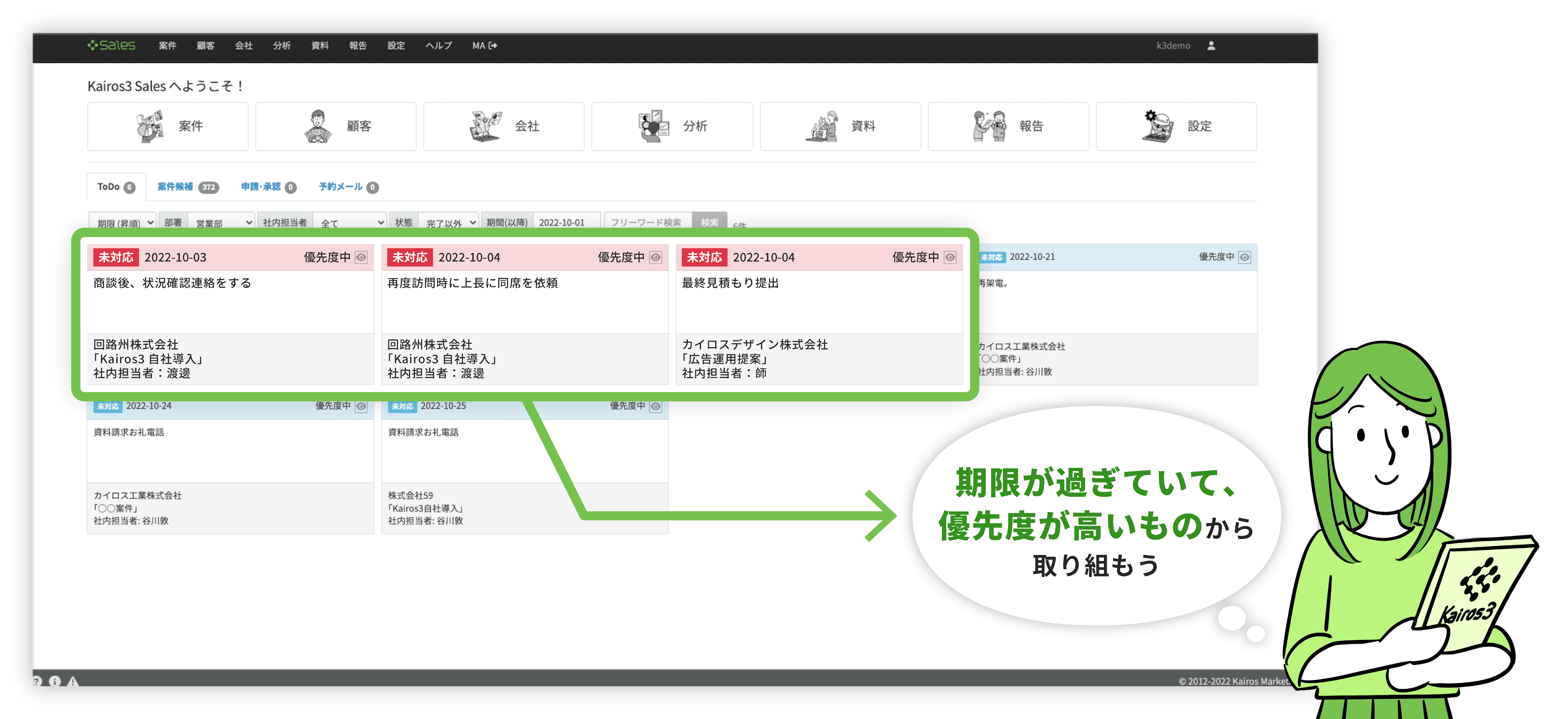 Kairos3 Sales：ToDo一覧で期限超過タスクが視覚化されている画面